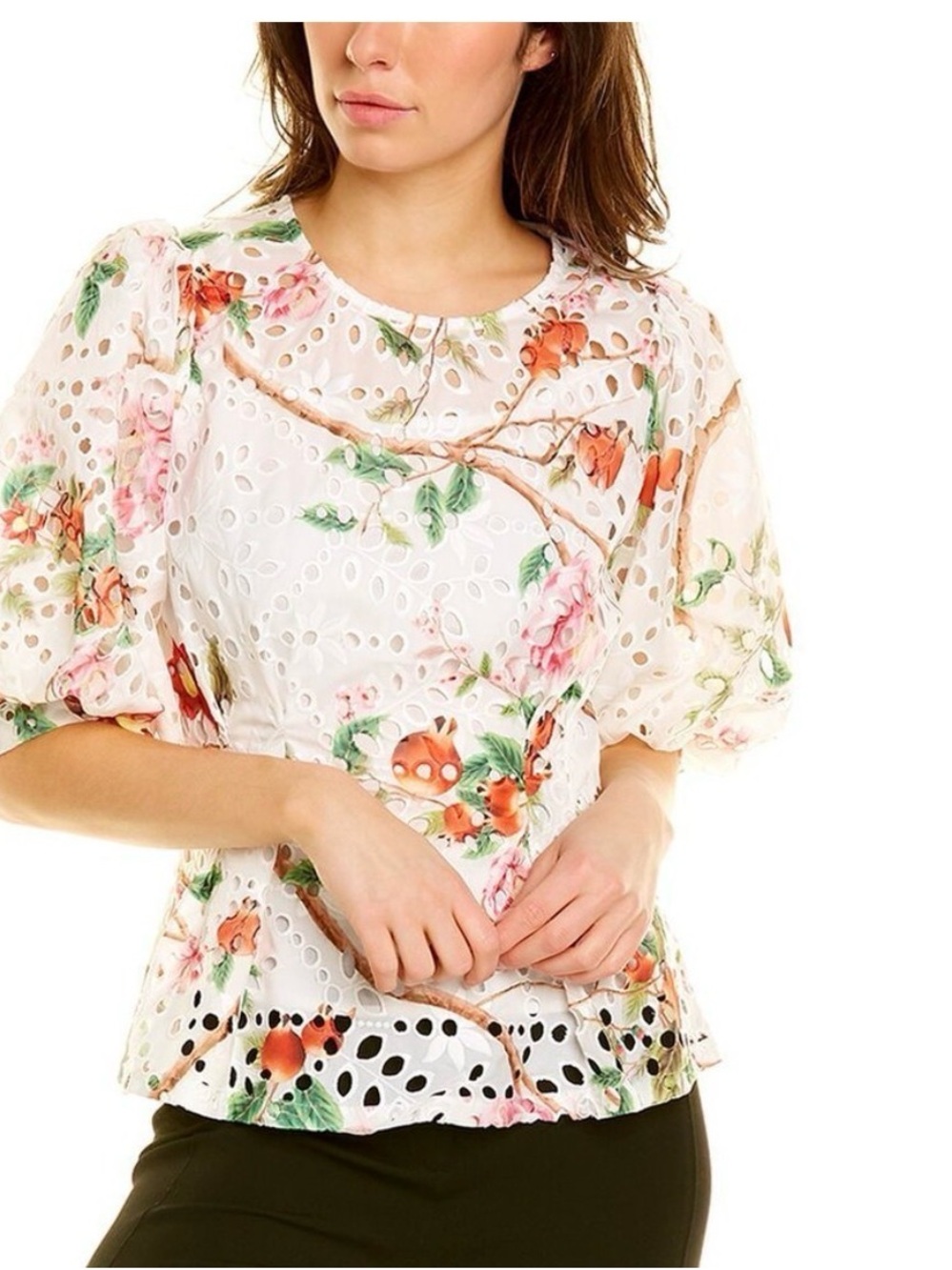 Gracia White Eyelet Blouse with Pink and Orange Floral Print